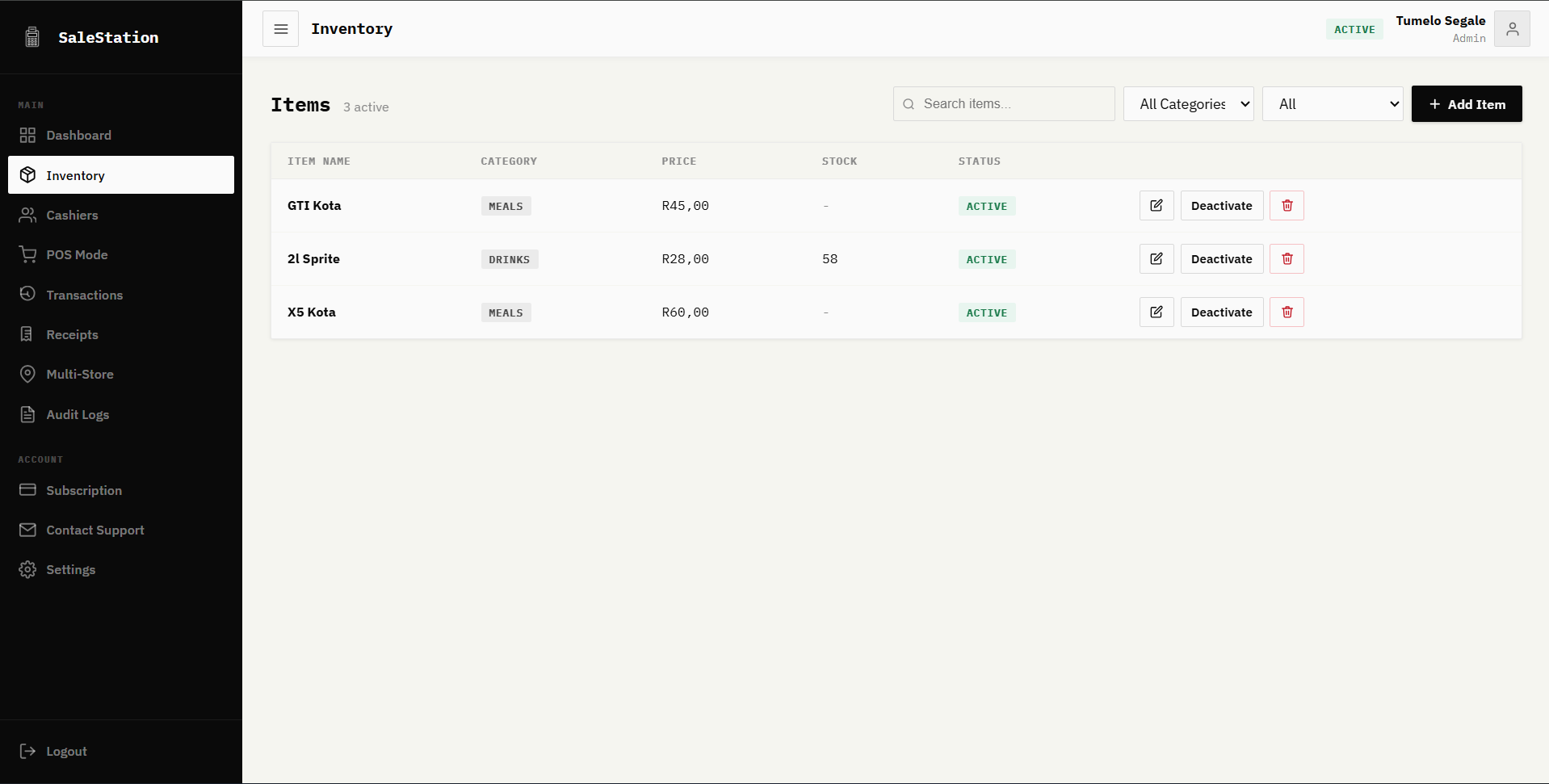 Screenshot: SaleStation inventory